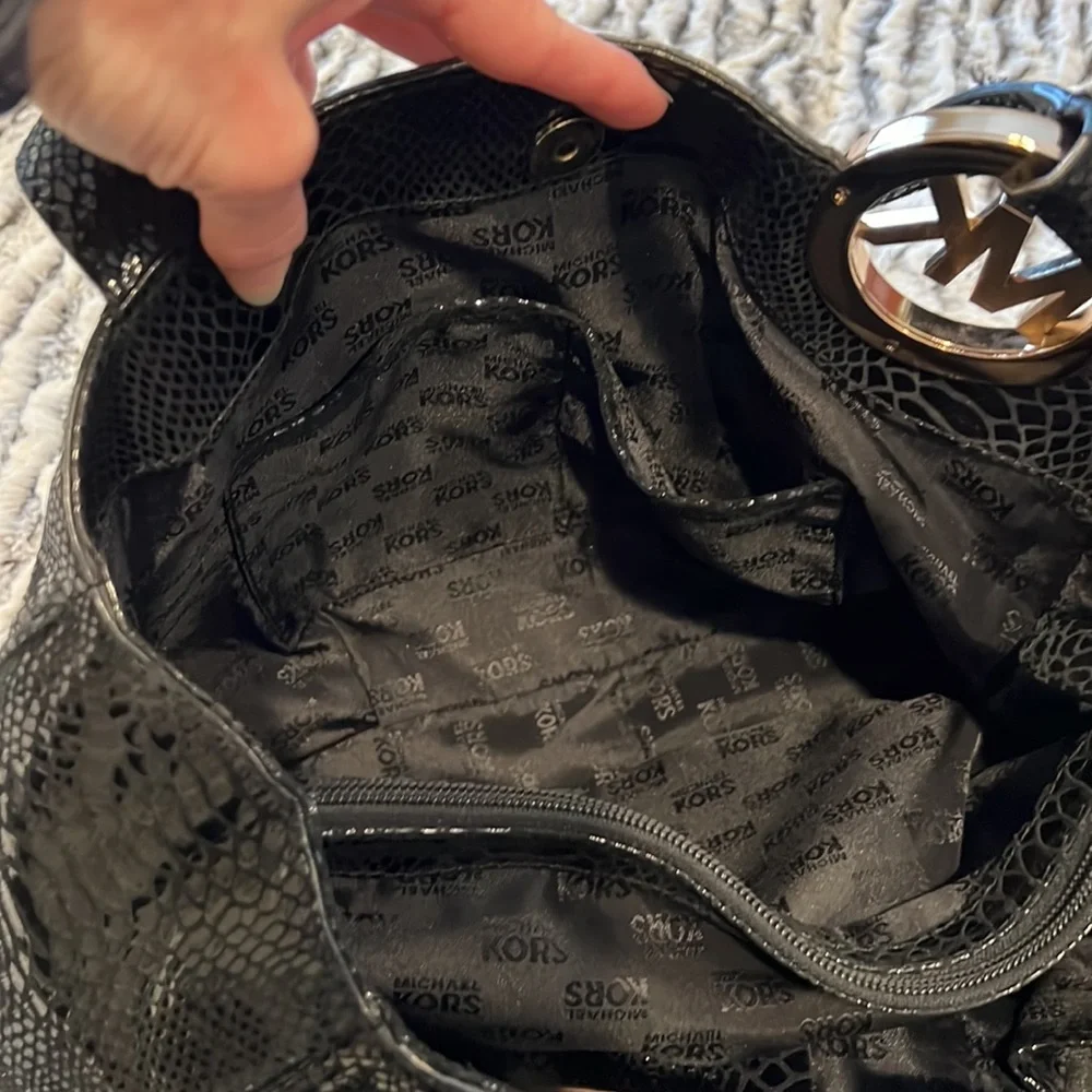 Michael Kors Fulton Black Snake skin Genuine Leather Tote Bag with Gold …
